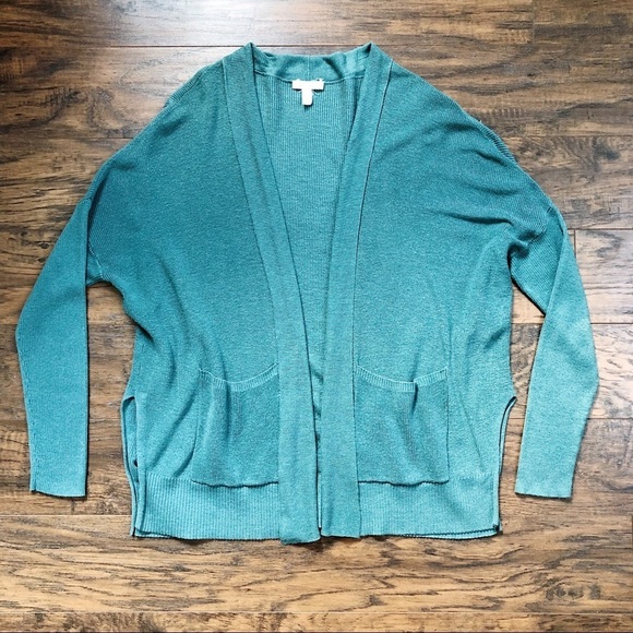 Eileen Fisher • Slouchy Cardigan sweater open teal Tencel silk organic cotton - Picture 2 of 9